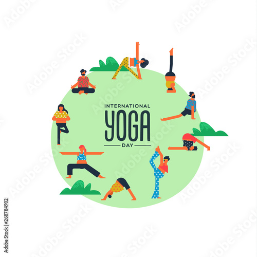 Yoga Day card of people doing exercise outdoor