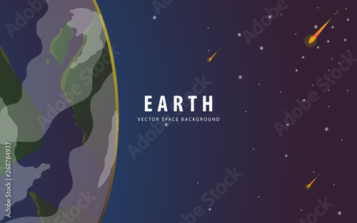 earth and space vector illustration. Space background with place for text. Surface of the planet. Space decoration for your design. Stars and comets on dark background