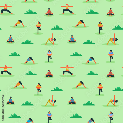 Seamless pattern of diverse people doing yoga