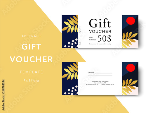 Gift voucher card template. Modern discount coupon for shopping with abstract and floral pattern. Modern fashion background design with information sample text. Coupon template for gift and shopping.