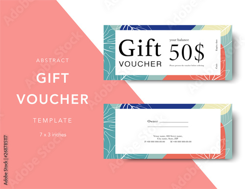 Gift voucher card template. Modern discount coupon for shopping with abstract and floral pattern. Modern fashion background design with information sample text. Coupon template for gift and shopping.