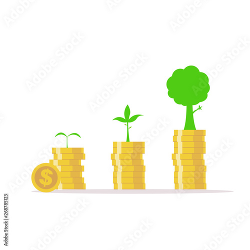 .Business growth concept.Investing money like tree grow.Growing money and trees.Plant Growing Savings Coins.Vector illstration