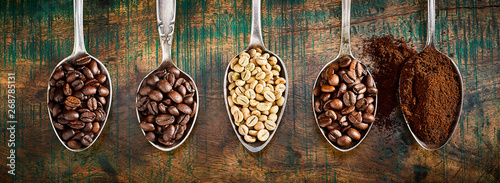 Assortment of different coffee in vintage spoons