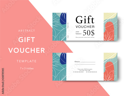 Gift voucher card template. Modern discount coupon for shopping with abstract and floral pattern. Modern fashion background design with information sample text. Coupon template for gift and shopping.