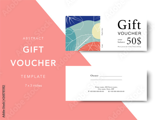 Gift voucher card template. Modern discount coupon for shopping with abstract and floral pattern. Modern fashion background design with information sample text. Coupon template for gift and shopping.