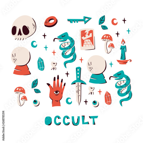 Set of Hand Drawn Magic Elements Isolated on White Background.