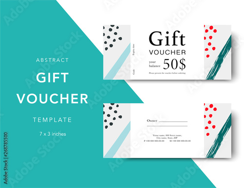 Gift voucher card template. Modern discount coupon for shopping with abstract pattern. Modern fashion background design with information sample text. Coupon template for gift and shopping.