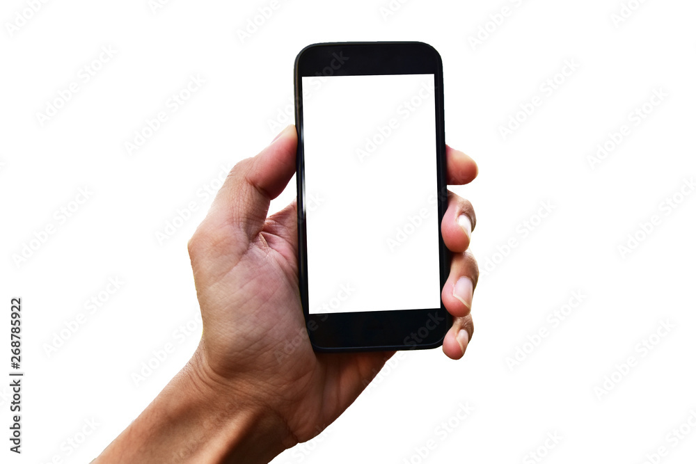 Hand holding mobile smart phone on white background and Business technology internet online social media concept