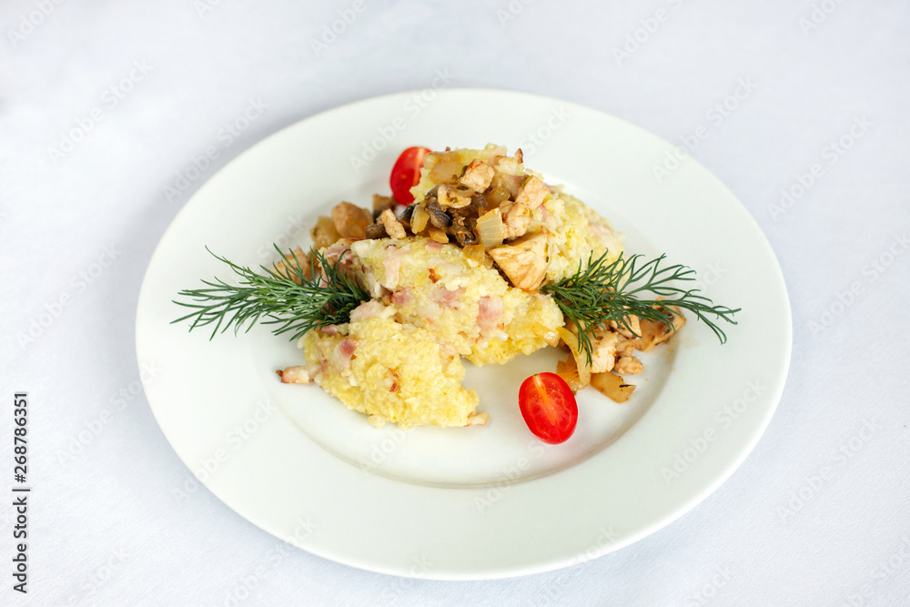 Barley porridge with grilled meat, onions and dill. Barley porridge with grilled meat, onions and dill.