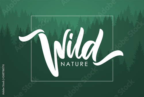 Handwritten calligraphic brush lettering composition of Wild Nature on green forest background. photo