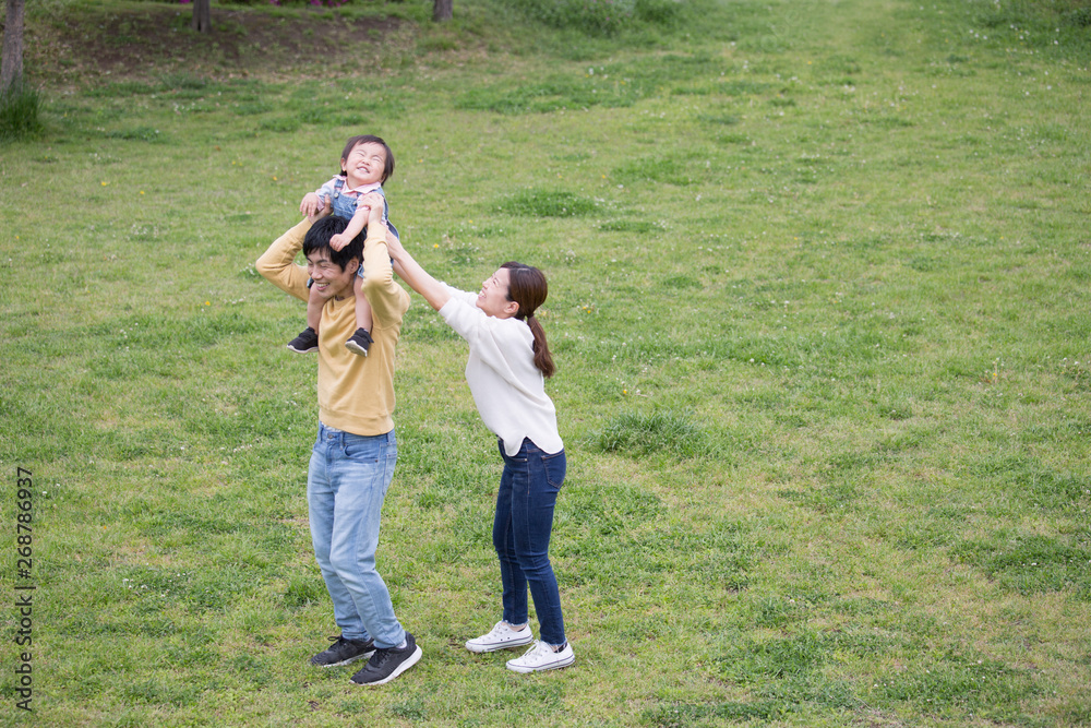 Obraz premium 公園で肩車する若い父親、育児イメージ