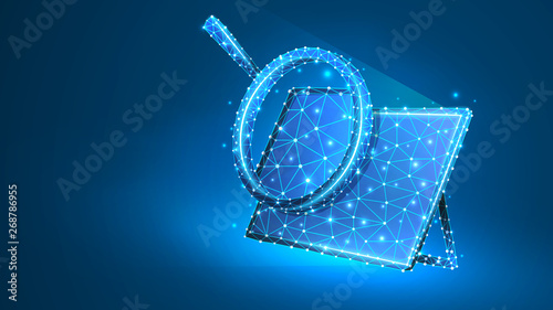 Magnifying glass on screen of Graphic Tablet. Internet surfing, Analysis, Search symbol. Abstract digital wireframe, low poly mesh, polygonal vector blue neon 3d illustration. Triangle, line dot