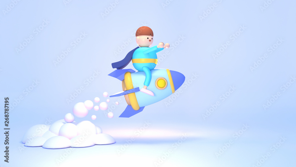 Super hero sitting on a blue space rocket sculpture. 3d rendering picture.