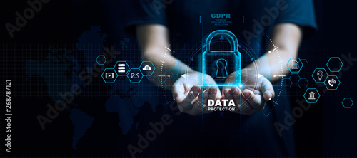 Data protection privacy concept. GDPR. EU. Cyber security network. Business man protecting data personal information on tablet. Padlock icon and internet technology networking connection. 