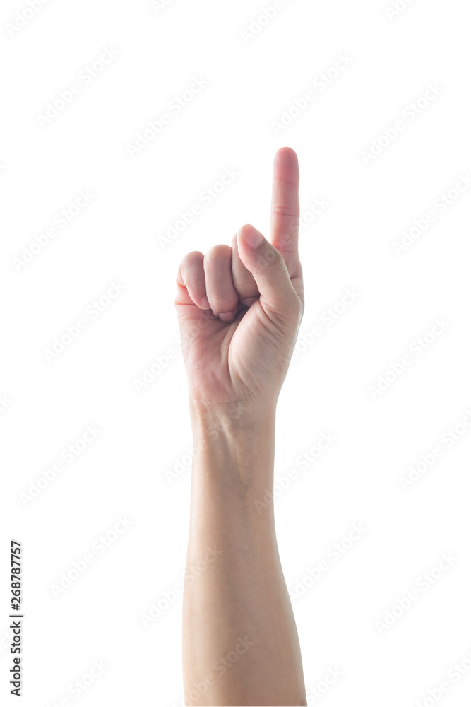 Hand of woman with pointing index finger with rim light isolated on white background (clipping path) for number one 1, showing direction, go straight forward Hand of woman with pointing index finger with rim light isolated on white background (clipping path) for number one 1, showing direction, go straight forward