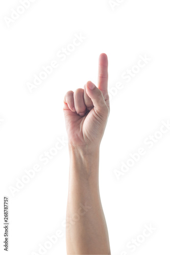 Hand of woman with pointing index finger with rim light isolated on white background (clipping path) for number one 1, showing direction, go straight forward
