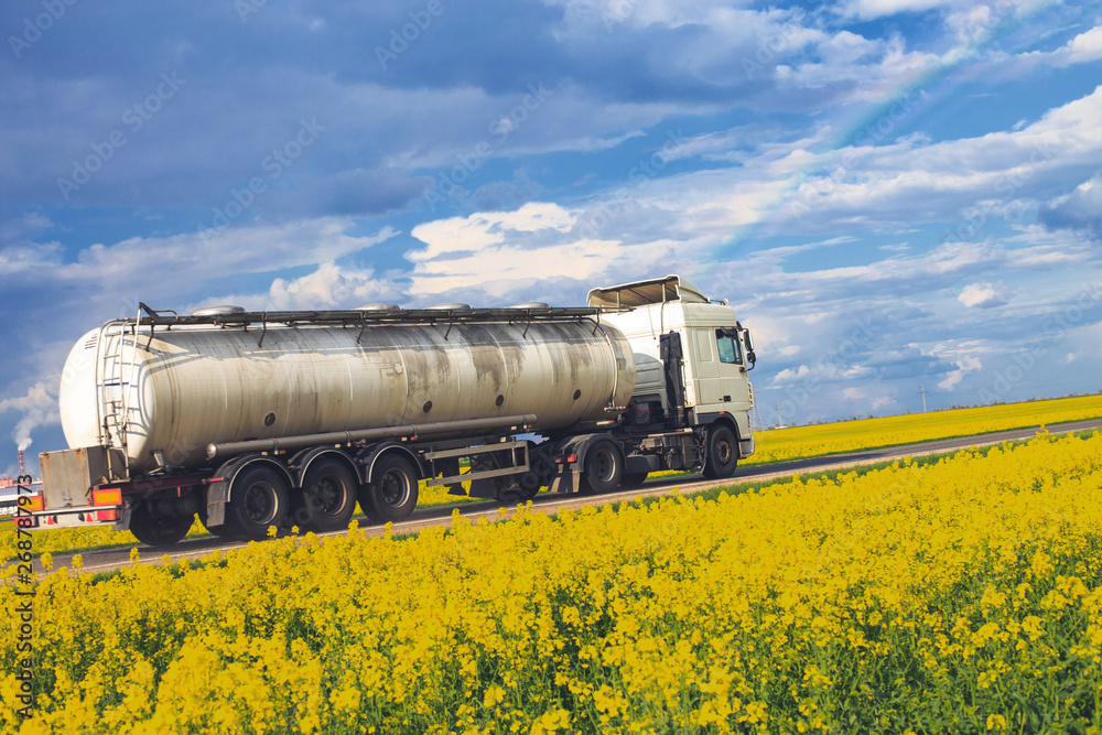 Naklejka premium tank goes on the road. truck rides near the field. rainbow in the blue sky