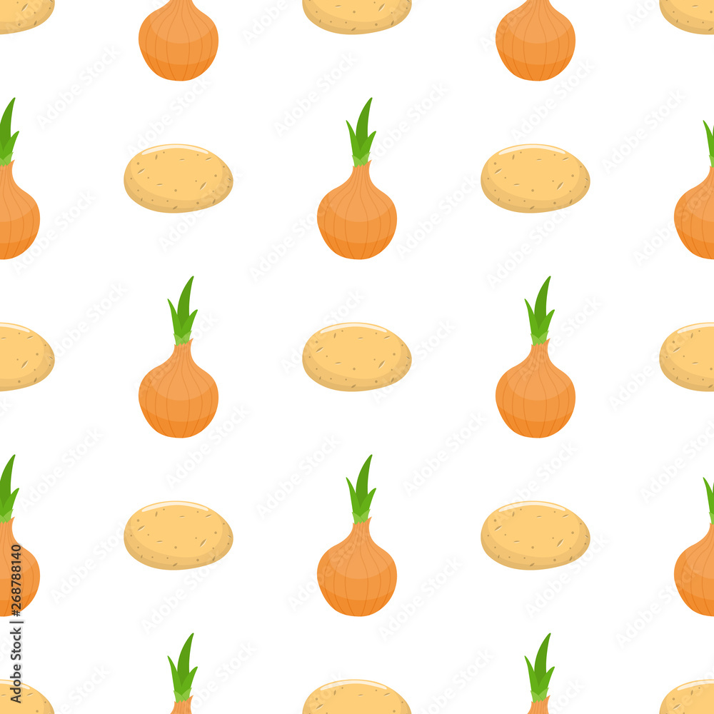 Seamless pattern with potato and onion vegetables. Organic food. Cartoon style. Vector illustration for design, web, wrapping paper, fabric, wallpaper. Seamless pattern with potato and onion vegetables. Organic food. Cartoon style. Vector illustration for design, web, wrapping paper, fabric, wallpaper.