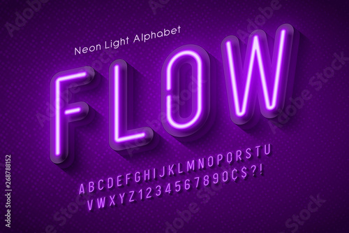 Neon light alphabet, multicolored extra glowing font.