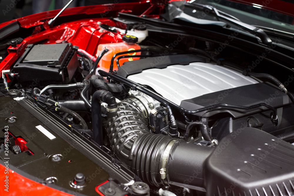 Fototapeta premium Detail of engine of car. (electric car)