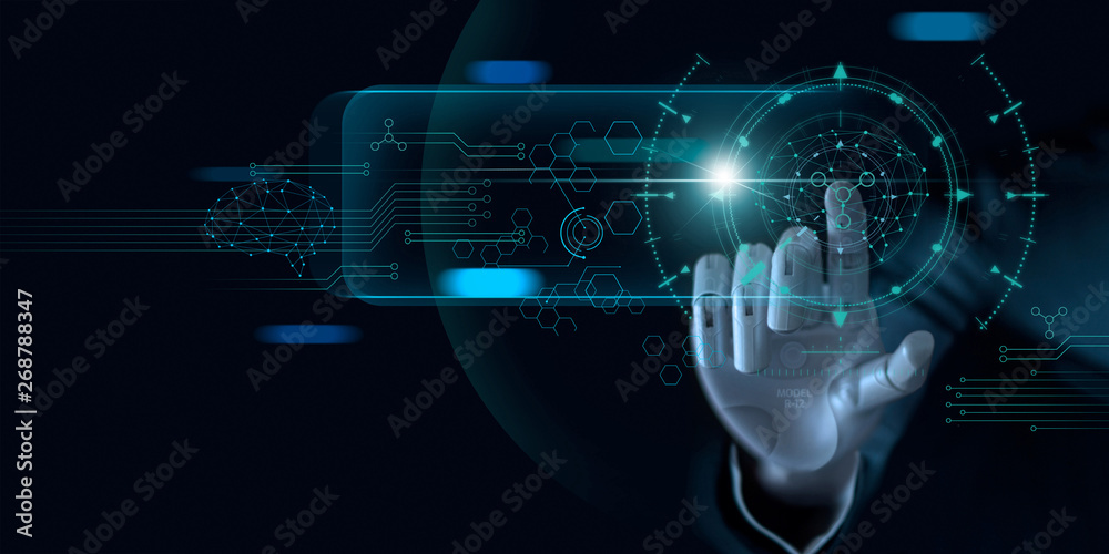 Machine learning. Hand of robot touching on binary data. Futuristic Artificial intelligence (AI). Deep Learning. Brain representing. Algorithm and innovative. Neural Network. Big data visualization. Machine learning. Hand of robot touching on binary data. Futuristic Artificial intelligence (AI). Deep Learning. Brain representing. Algorithm and innovative. Neural Network. Big data visualization.