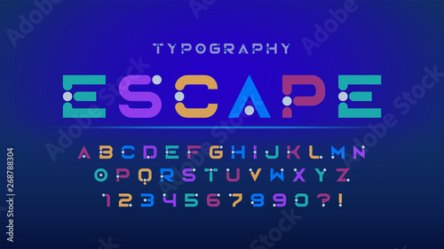 Original futuristic display font design, alphabet and numbers.