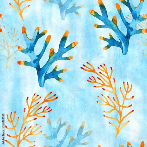 High quality watercolor seamless pattern with underwater life objects. It can be used for wallpaper, background, print, textile design, wrapping paper, cover.