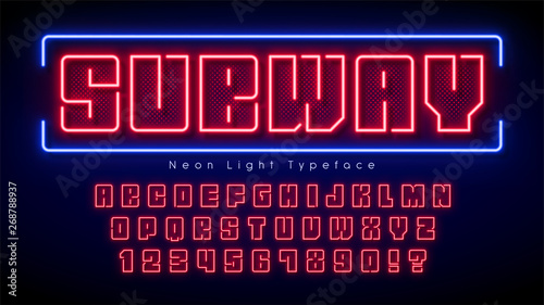 Neon light alphabet, multicolored extra glowing font.