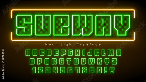 Neon light alphabet, multicolored extra glowing font.