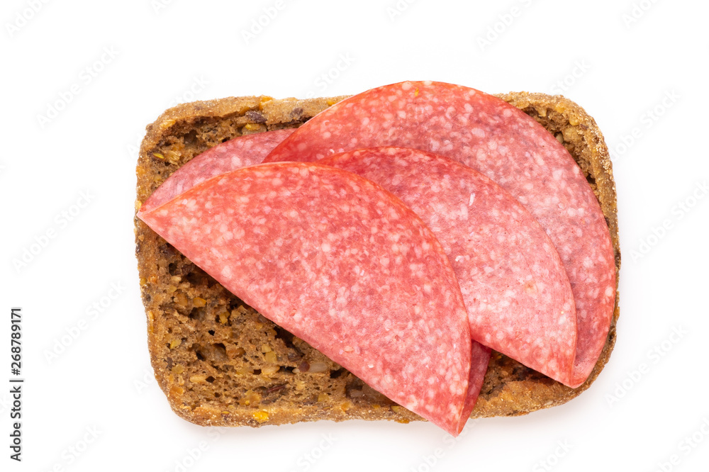 Sandwich with salami sausage on white background. Sandwich with salami sausage on white background.