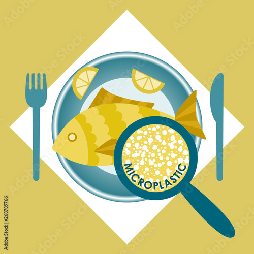 Plastic pollution, microplastic problem Microplastic in the food. Ecological poster. Fried fish with micro plastic pieces on a plate on yellow background. Vector fish dish top view.