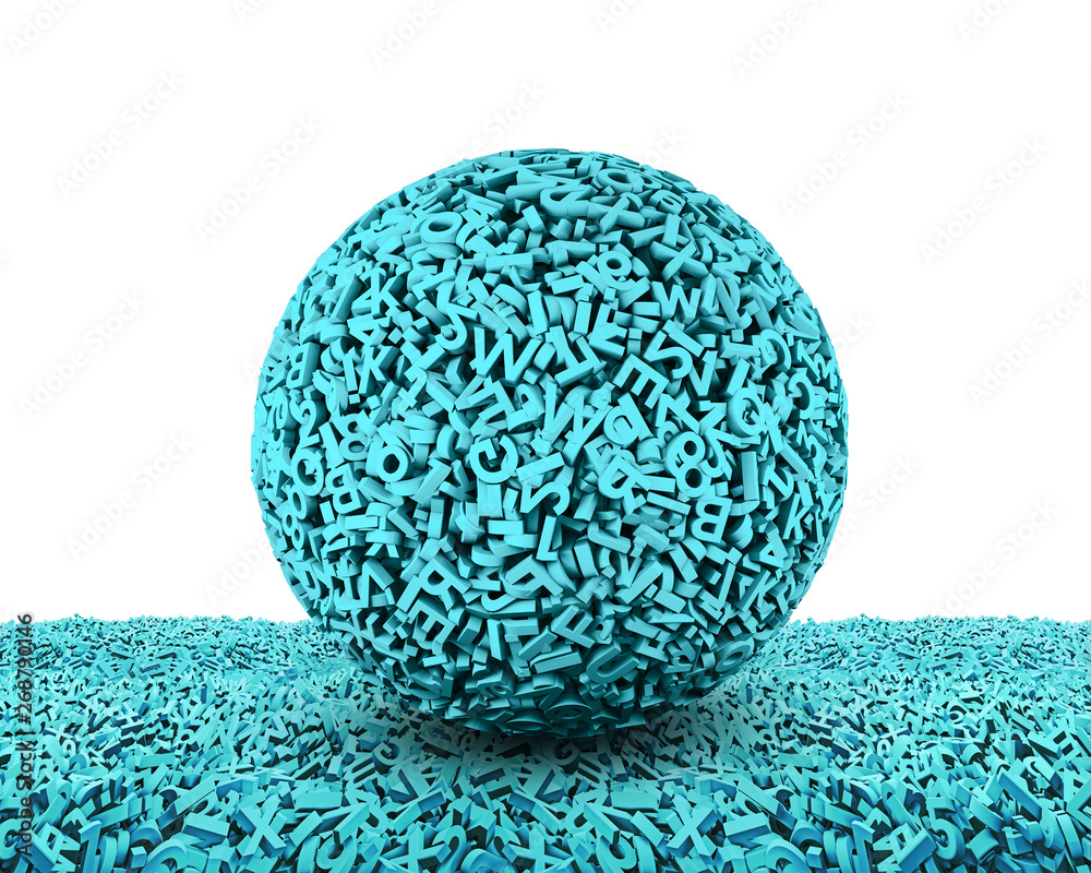 Big data concept. Huge amount 3d letters and numbers of blue ball on 3d characters floor, isolated on white background, 3D illustration. Big data concept. Huge amount 3d letters and numbers of blue ball on 3d characters floor, isolated on white background, 3D illustration.