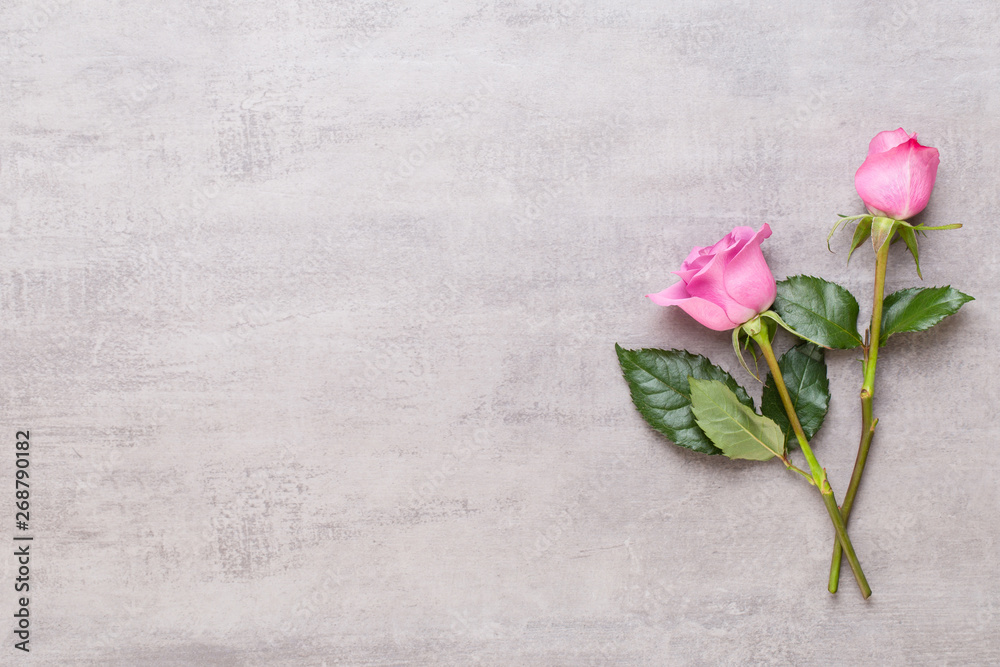 Flowers valentine day composition. Frame made of pink rose on gray background. Flat lay, top view, copy space. Flowers valentine day composition. Frame made of pink rose on gray background. Flat lay, top view, copy space.