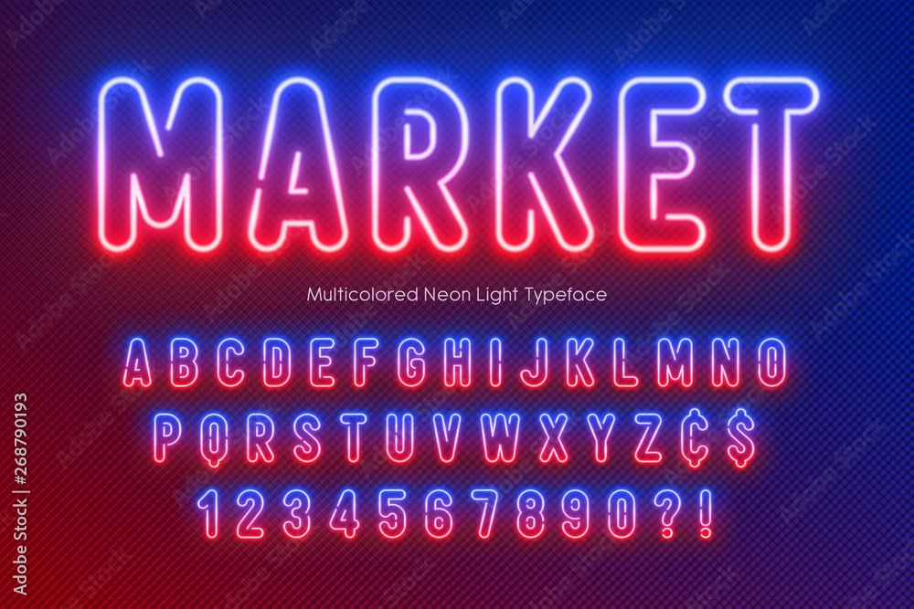 Neon light alphabet, multicolored extra glowing font