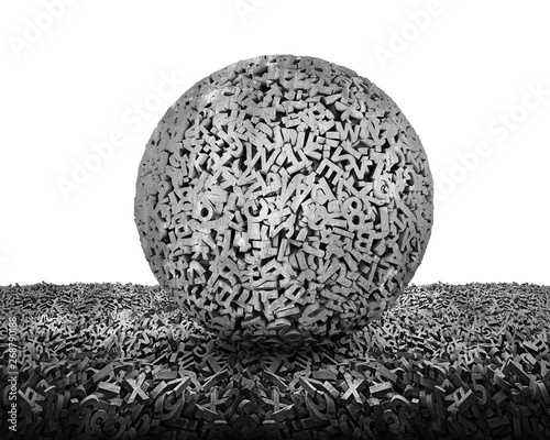 Big data concept. Huge amount 3d letters and numbers of concrete material ball on 3d characters floor  isolated on white background. 3D illustration.