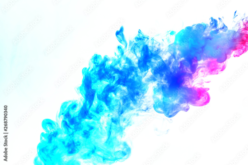 Colorful steam exhaled from the vape with a smooth transition of color molecules from turquoise to blue on a white background like a collision of two jets of smoke. Malicious virus and drug injection. Colorful steam exhaled from the vape with a smooth transition of color molecules from turquoise to blue on a white background like a collision of two jets of smoke. Malicious virus and drug injection.