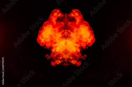 A blob of red and orange smoke in the form of a wavy pattern in the center of the frame depicting the head of a monster or an animal with eyes, not like a ghost or an animal