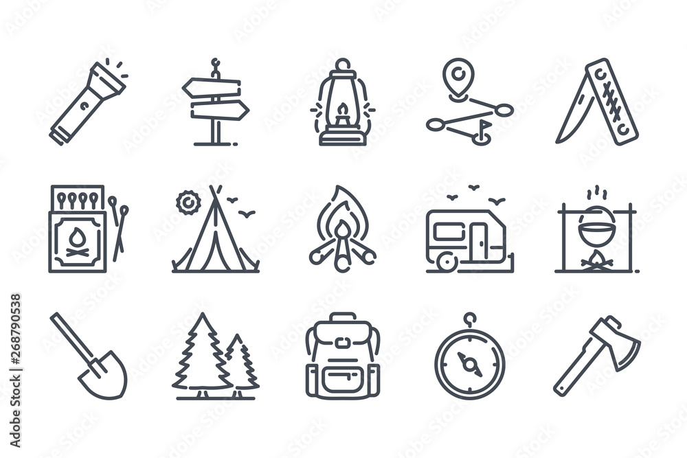 Camping activities related line icon set. Travel linear icons. Camp survivals outline vector sign collection. Camping activities related line icon set. Travel linear icons. Camp survivals outline vector sign collection.