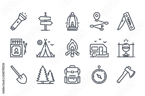 Camping activities related line icon set. Travel linear icons. Camp survivals outline vector sign collection.