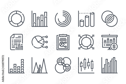 Chart and graph related line icon set. Analytics linear icons. Report outline vector sign collection.