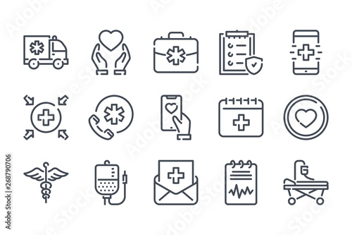 Healthcare related line icon set. Emergency linear icons. Hospital and medical care outline vector signs and symbols collection.