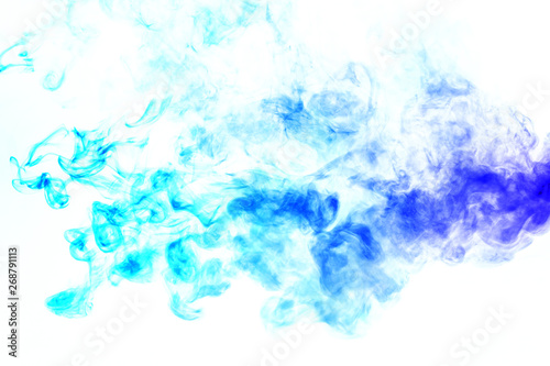 Colorful steam exhaled from the vape with a smooth transition of color molecules from turquoise to blue on a white background like a collision of two jets of smoke. Malicious virus and drug injection. © Aleksandr Kondratov