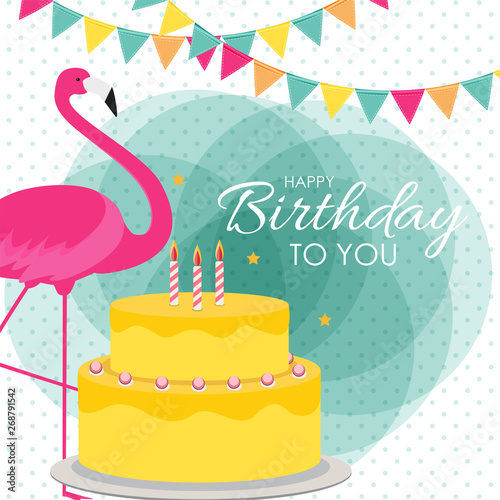 Happy Birthday Poster Background with Cake Colorful and Cartoon Pink Flamingo. Vector Illustration