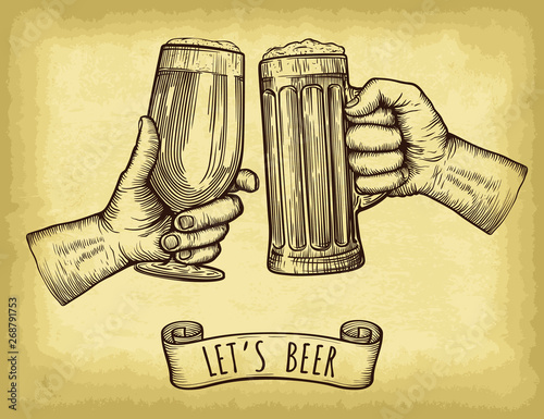 Hands holding and clinking beer glasses. Old paper texture background. Engraved style. Hand drawn vector illustration.