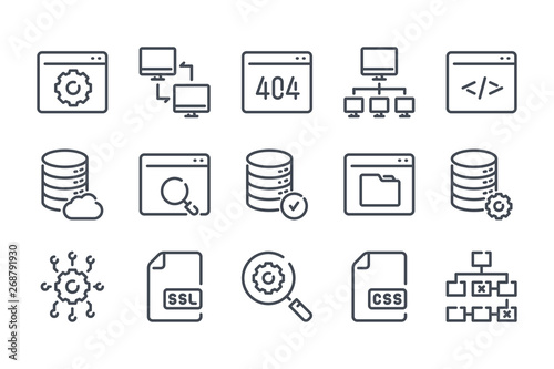 Web support related line icon set. Hosting services linear icons. Network and connection outline vector sign collection.