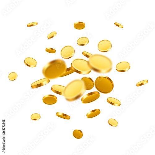 Falling coins, falling money, flying gold coins, golden rain. Jackpot or success concept. Modern background.