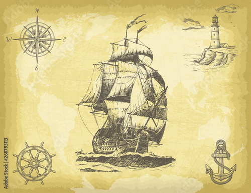 Abstract hand drawn background with vintage sailing ship, compass, lighthouse, ship wheel, anchor and world map on old craft paper texture. Template for your design works. 