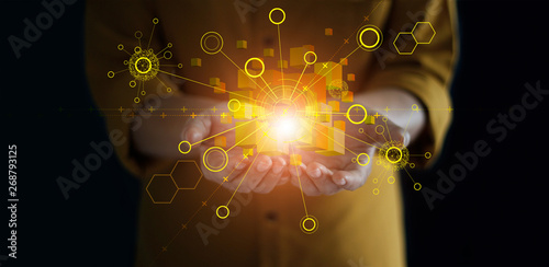 Photography Hands holding global network connection