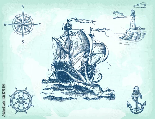 Obraz Streszczenie ręcznie rysowane tła z rocznika żaglowiec, kompas, latarnia morska, koło statku, kotwica i mapa świata na starej tekstury papieru rzemiosła. Szablon do prac projektowych.