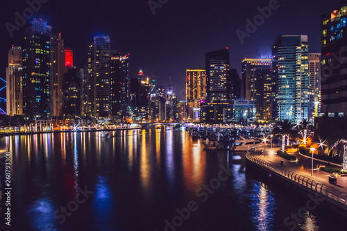 Dubai Marina district at night. Dubai at May 2019 © volhavasilevich